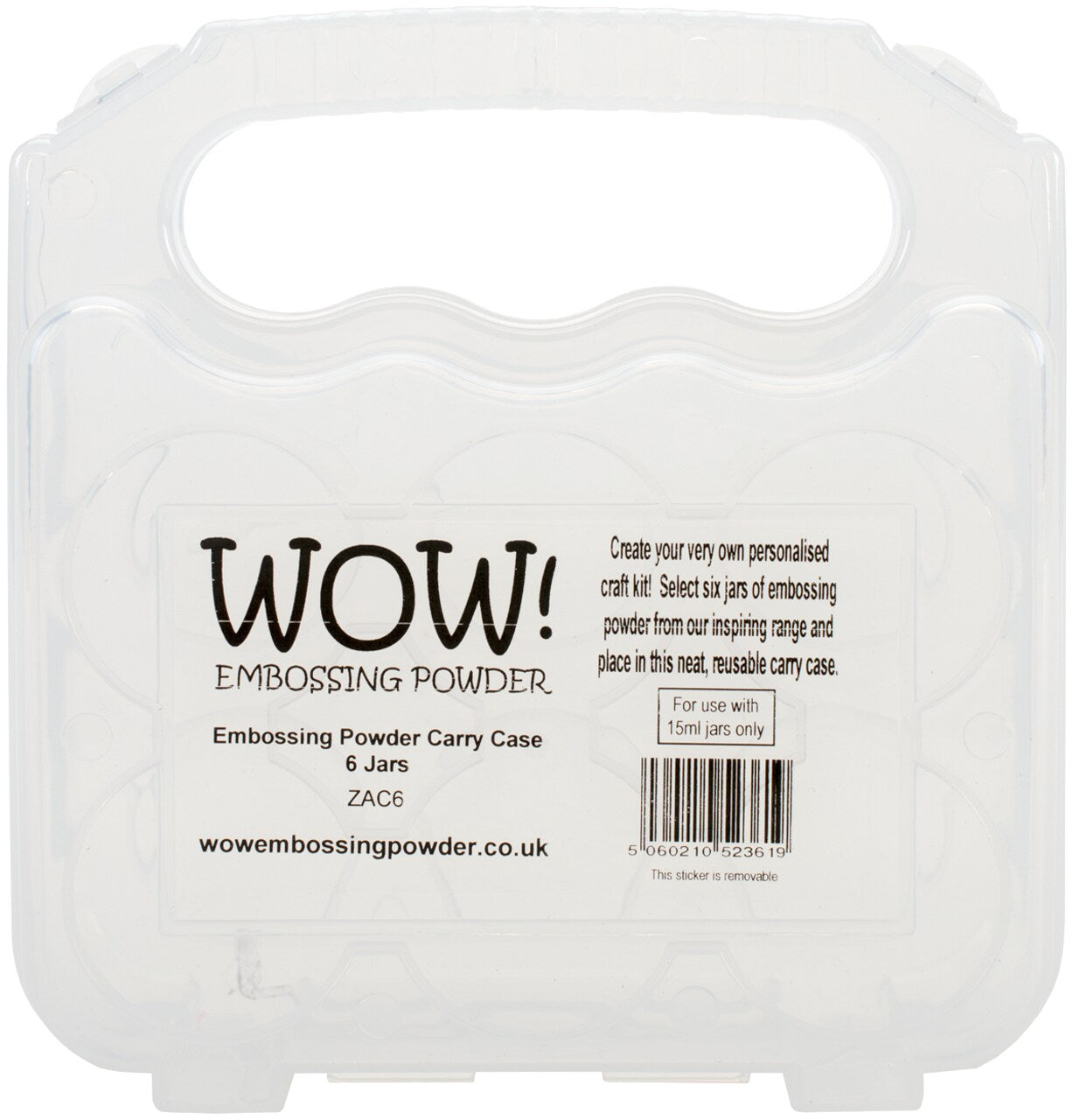 WOW embossing powder organization carry case with handle on white background.