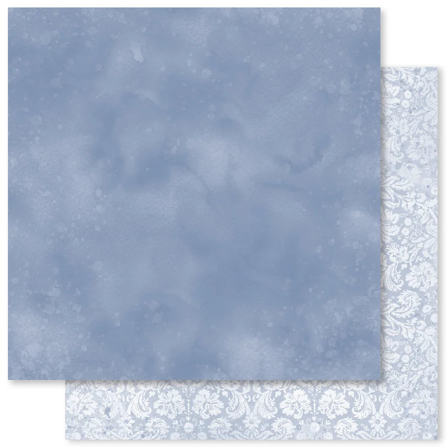 Two square sheets of patterned paper in a light blue and white color scheme, with one sheet featuring a mottled blue texture and the other a white paisley pattern on a light blue background.