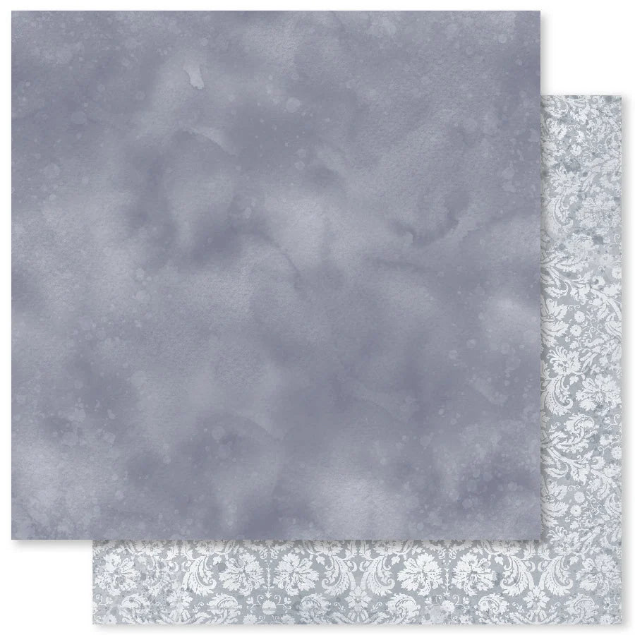 Two square sheets of patterned paper in a layered flat-lay. The top sheet features a mottled, cloudy gray and white texture, while the bottom sheet displays a light gray and white damask pattern.