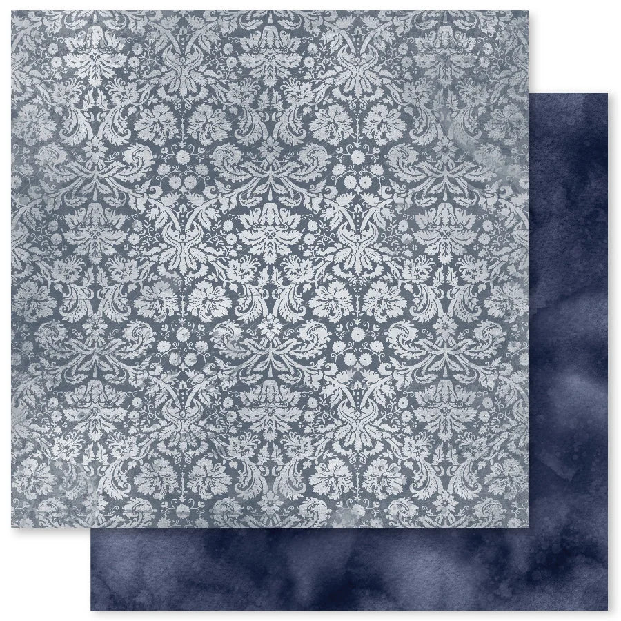 Two square sheets of patterned paper shown overlapping on a white background. The top sheet features a light gray and white damask floral pattern, while the bottom sheet has a dark navy blue marbled or watercolor texture.