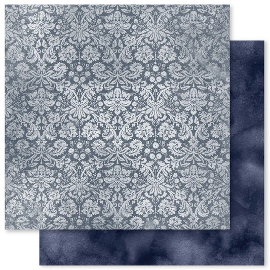 Two square sheets of patterned paper shown overlapping on a white background. The top sheet features a light gray and white damask floral pattern, while the bottom sheet has a dark navy blue marbled or watercolor texture.