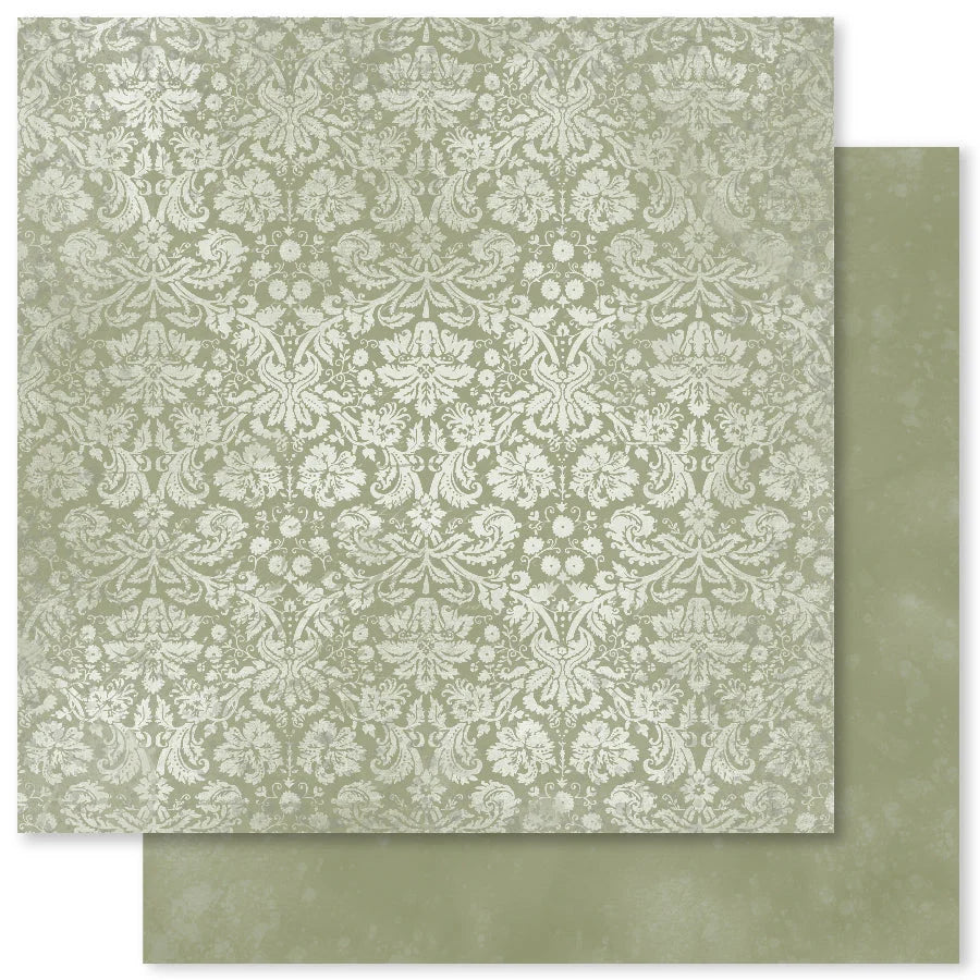 A square sheet of damask-patterned paper in sage green and white, layered over a second plain sage green sheet on a white background.