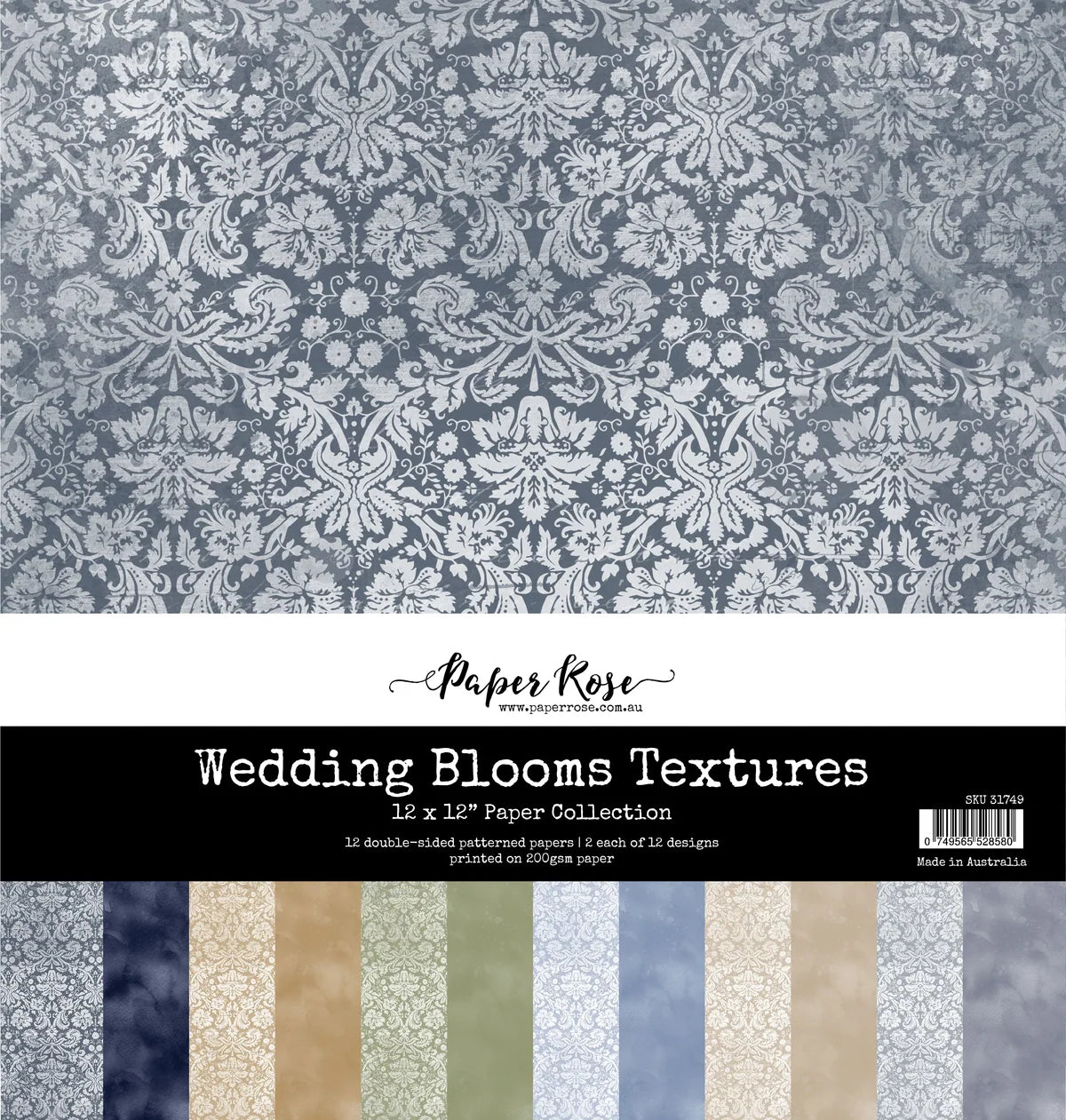 Paper Rose Wedding Blooms Textures 12 x 12" paper collection, featuring a large blue-gray damask pattern on the top half and a black band with product title and a row of additional pattern swatches along the bottom.