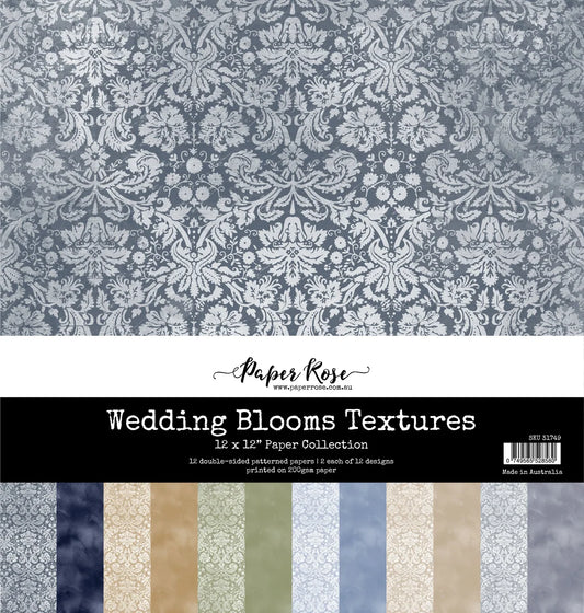 Paper Rose Wedding Blooms Textures 12 x 12" paper collection, featuring a large blue-gray damask pattern on the top half and a black band with product title and a row of additional pattern swatches along the bottom.