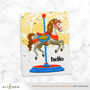 Colorful greeting card with a carousel horse and 'hello' text on a marble background