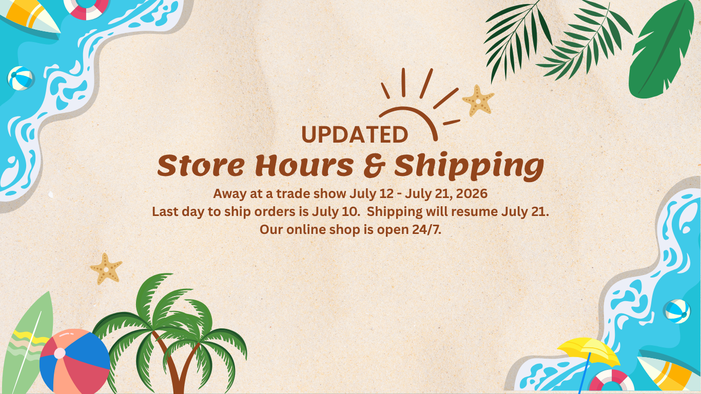 A tropical-themed graphic banner with a beige textured background, featuring the text 'UPDATED Store Hours & Shipping' in brown, with store hours and shipping details written below. The design is decorated with illustrations of palm trees, beach waves, a beach umbrella, and starfish in blue, green, yellow, and red.