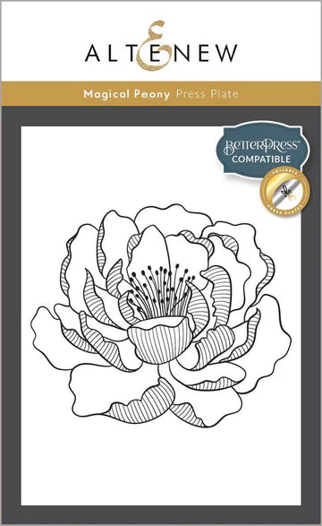 Altenew Magical Peony press plate with brand logo and compatibility badge on a white background
