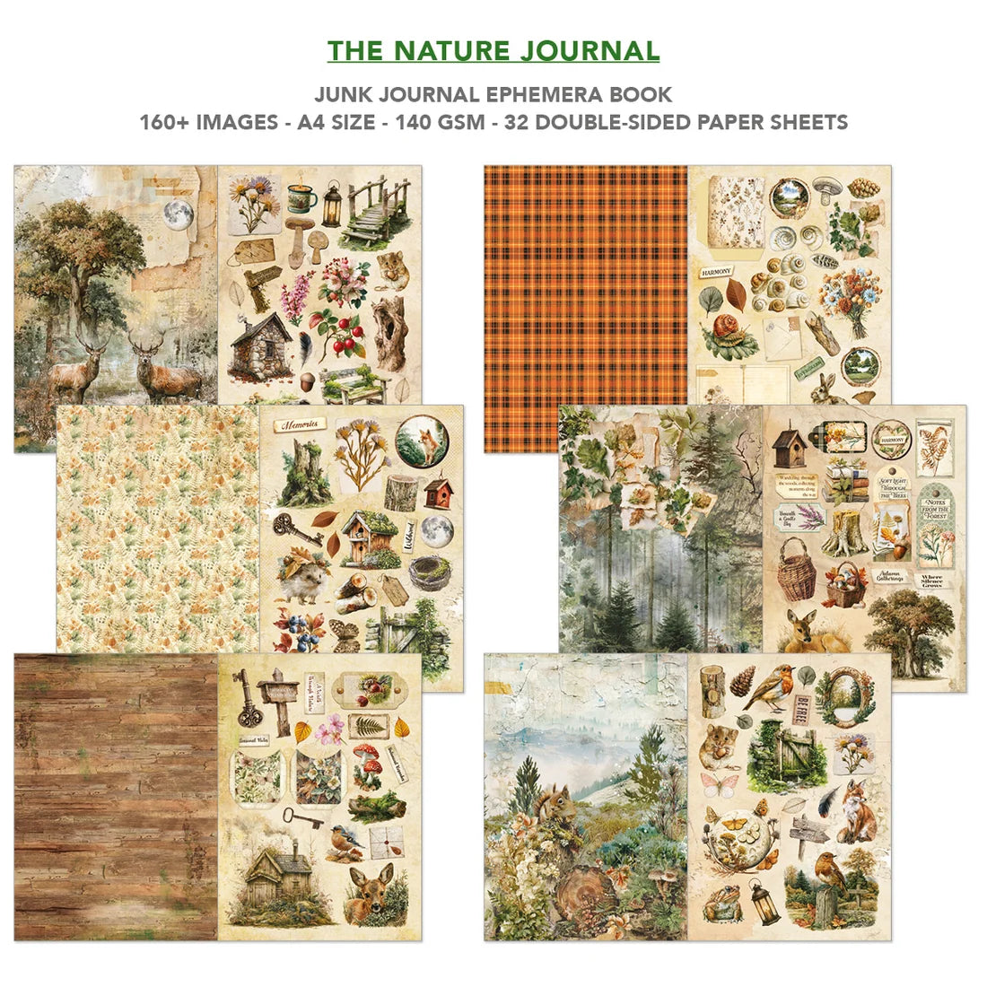A collage showing multiple decorative paper sheet designs for a junk journal ephemera book, with text at the top reading 'THE NATURE JOURNAL' and 'JUNK JOURNAL EPHEMERA BOOK' plus details about 160+ images, A4 size, 140 GSM, and 32 double-sided paper sheets.