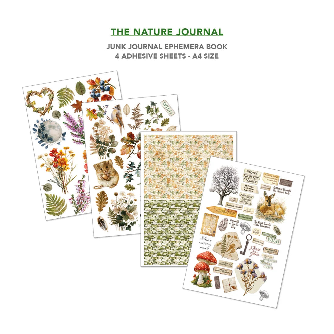 Four decorative adhesive sheets for a junk journal or ephemera book, displayed on a white background with the text 'THE NATURE JOURNAL' and 'JUNK JOURNAL EPHEMERA BOOK 4 ADHESIVE SHEETS - A4 SIZE' above them. The sheets feature vintage-style illustrations including leaves, flowers, acorns, mushrooms, a tree, a fox, and text labels.