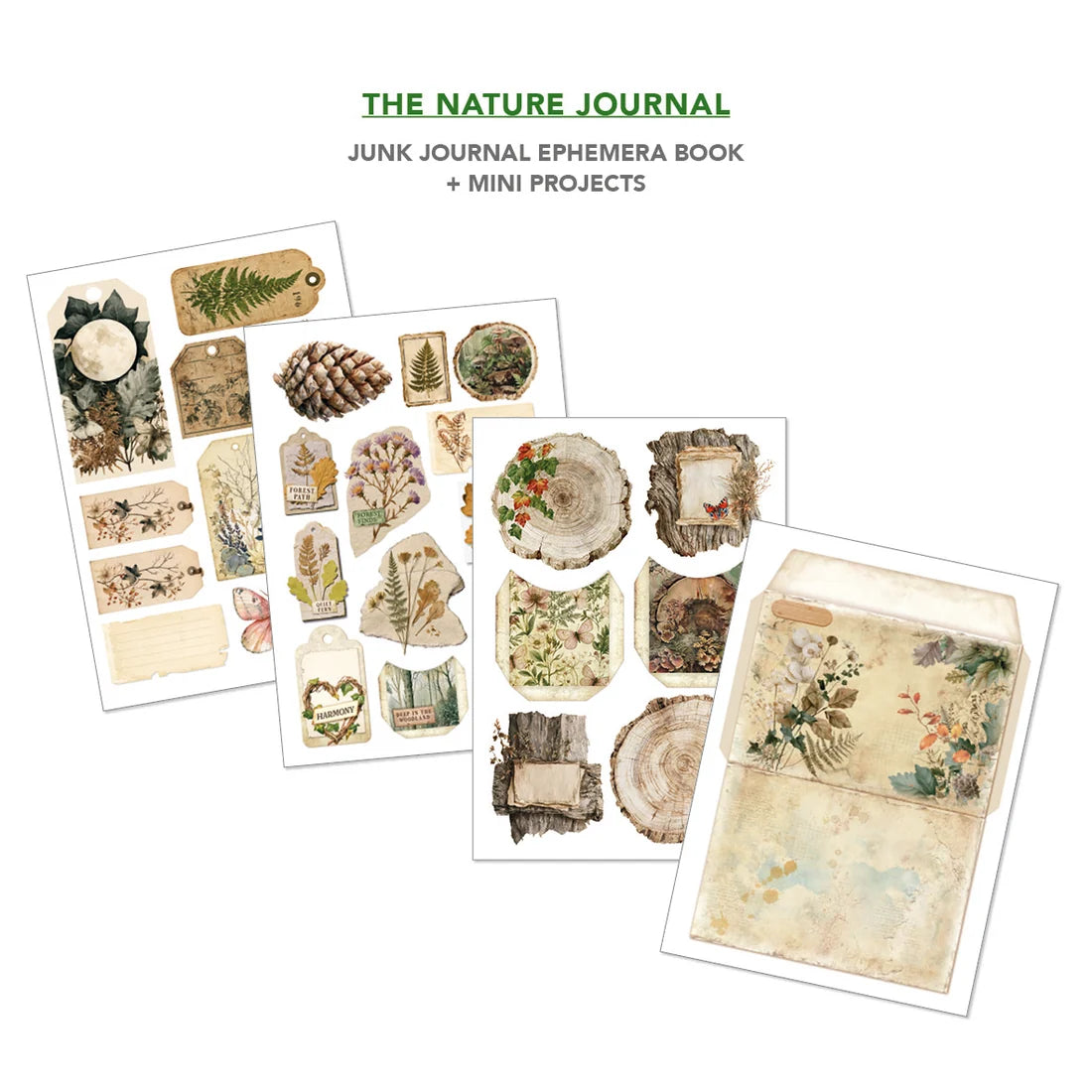 The Nature Journal junk journal ephemera book set displayed on a white background, featuring several sheets of vintage-style nature illustrations, labels, and a decorative envelope.