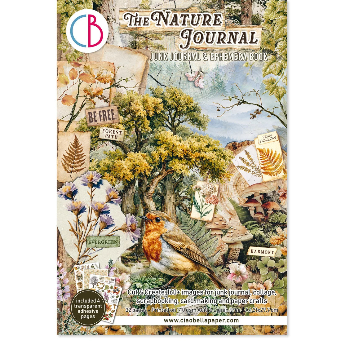 The Nature Journal JUNK JOURNAL & SPHEGRAM BOOK cover by Ciao Bellapaper, featuring a detailed vintage-style collage of nature scenes with a robin, flowers, leaves, and decorative paper elements.