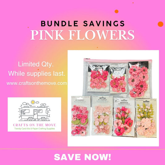 Promotional graphic for a bundle of pink paper flowers from Crafts on the Move. The image features a pink and orange gradient background with text reading 'BUNDLE SAVINGS PINK FLOWERS' and 'SAVE NOW!'.