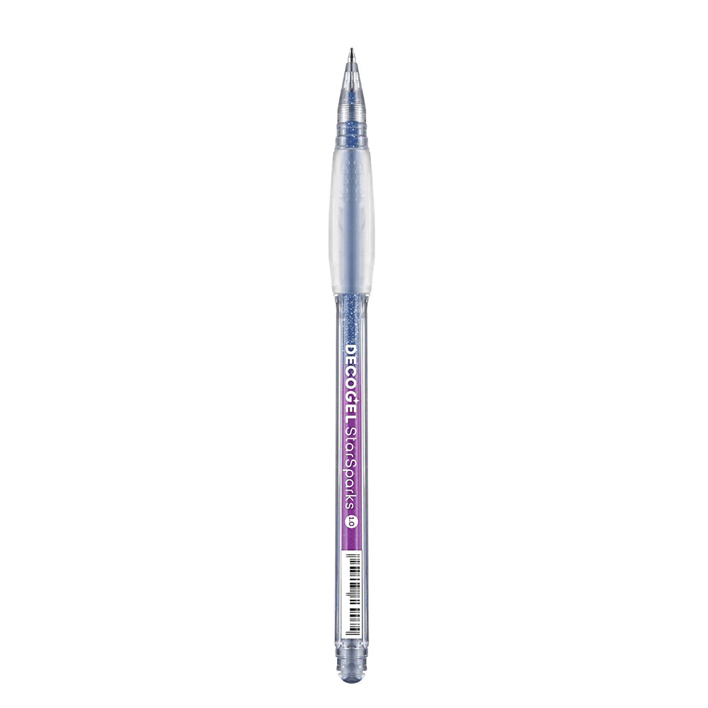 Blue glitter Pen with purple and silver design on a white background