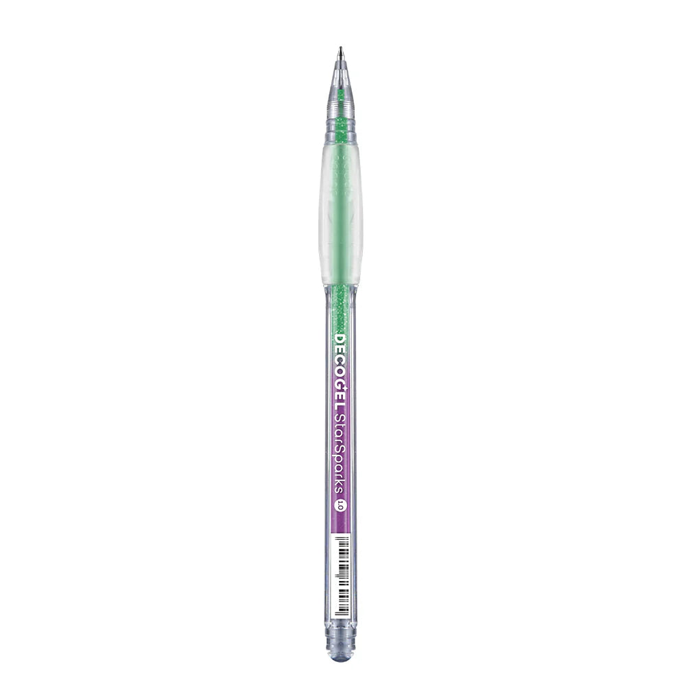Decogel glitter gel pen with green body and purple accents on a white background