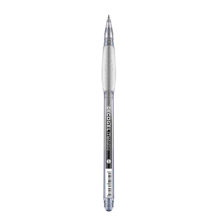 Silver pen with 'DecoGel Metallic' branding on a white background