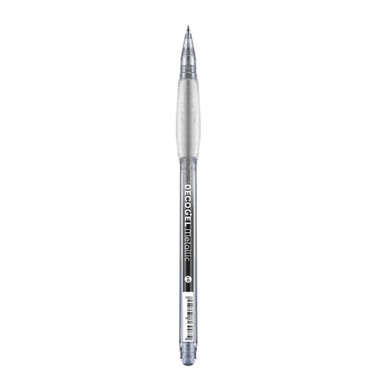 Silver pen with 'DecoGel Metallic' branding on a white background