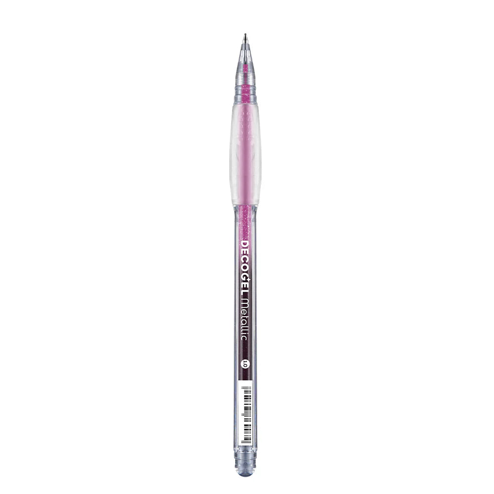 Pink DecoGel Metallic pen on a white background