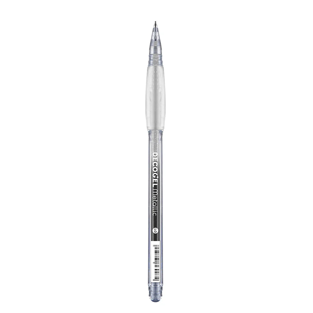 Silver pen with 'DecoGel Metallic' branding on a white background