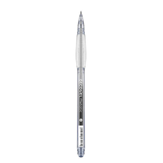 Silver pen with 'DecoGel Metallic' branding on a white background