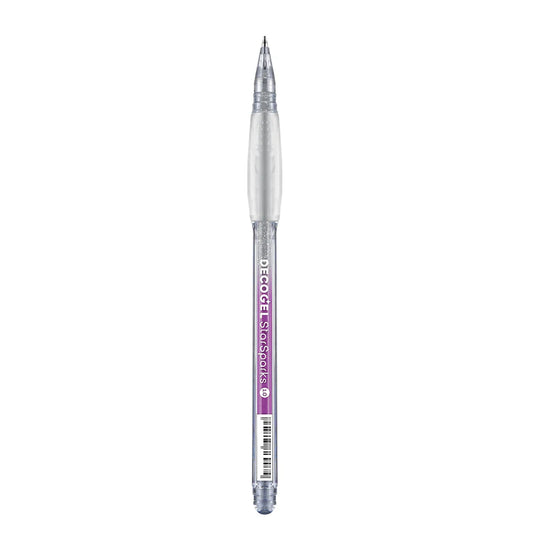Silver glitter pen with purple accents on a white background