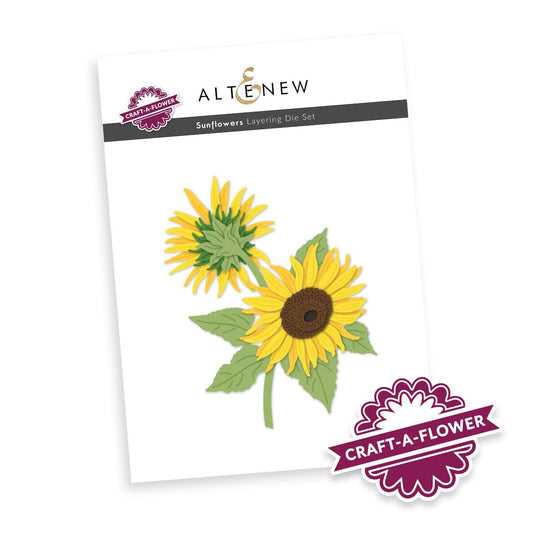 Altenew sunflower stamp set on a white background with 'Craft-a-Flower' branding.