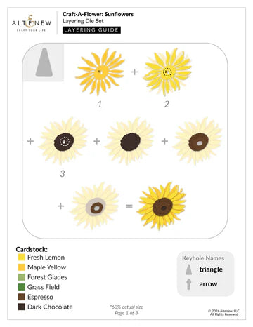 Layering die set for sunflowers with color chart and keyhole names on a white background