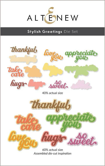 Altenew Stylish Greetings Die Set with various die-cut phrases on a white background