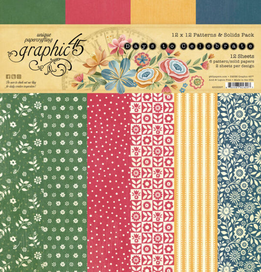 A paper craft pattern and solid paper pack of Graphic 45 - Days to Celebrate showing multiple patterned sheets: green with white flowers, pink with white dots and floral motifs, yellow stripes, and blue floral patterns.