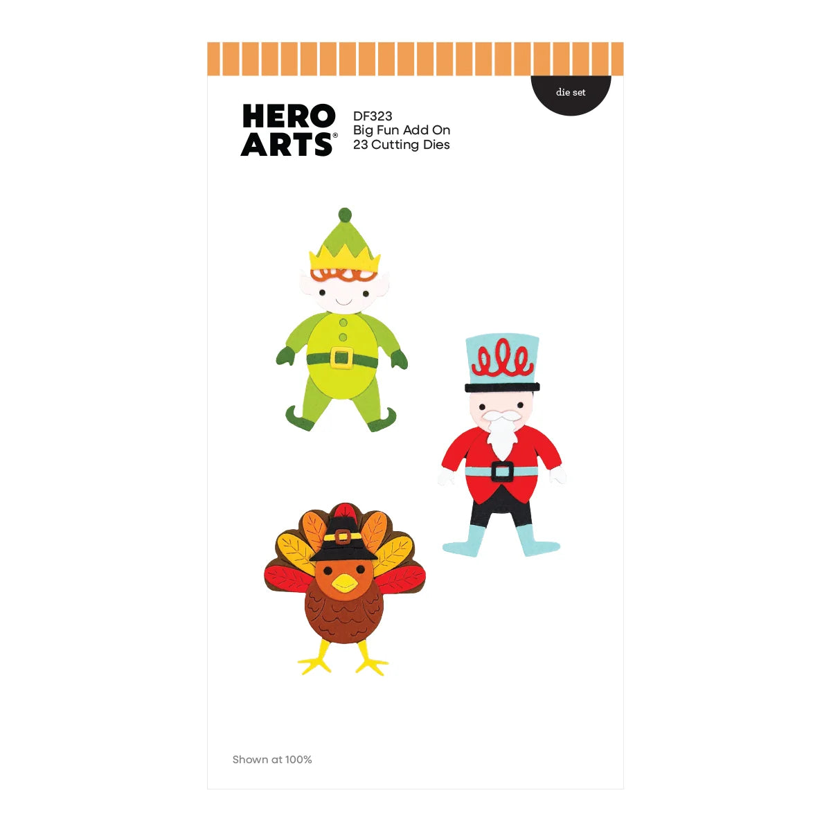 Hero Arts DF223 Big Fun Add On 23 Cutting Dies die set packaging, featuring three festive cartoon characters: an elf, a nutcracker, and a turkey, on a white background with an orange striped header.