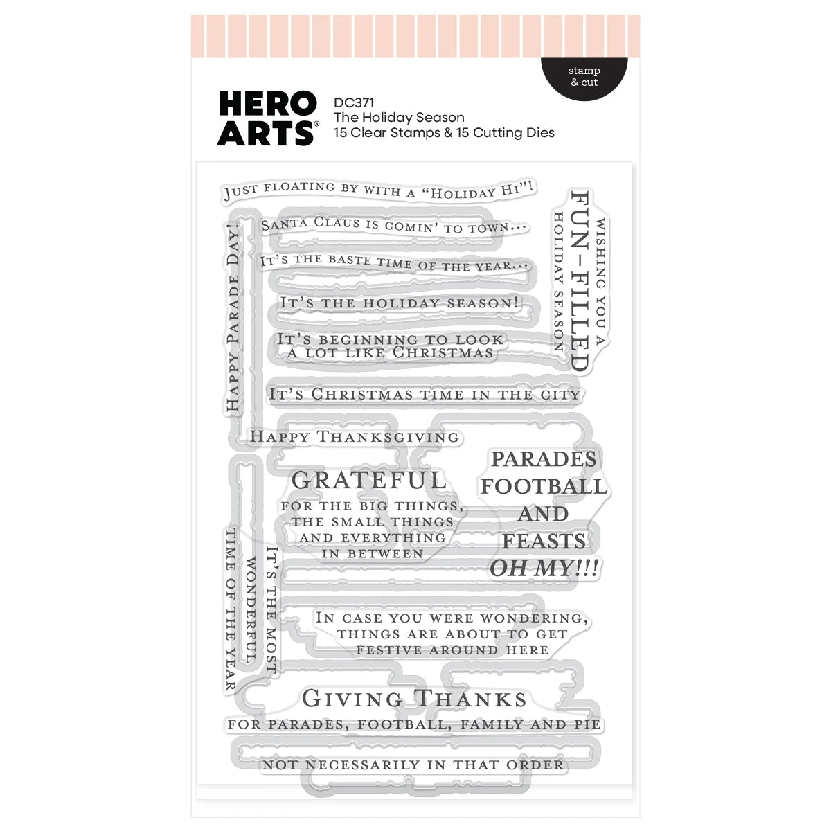 Hero Arts The Holiday Season clear stamp set in retail packaging, featuring 15 clear stamps and 15 cutting dies with festive text designs.