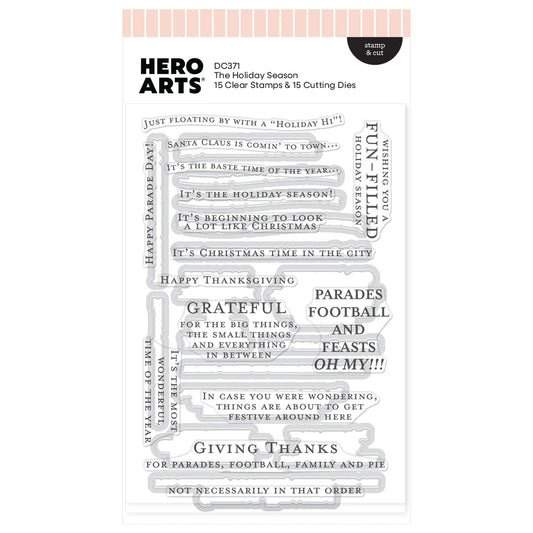 Hero Arts The Holiday Season clear stamp set in retail packaging, featuring 15 clear stamps and 15 cutting dies with festive text designs.