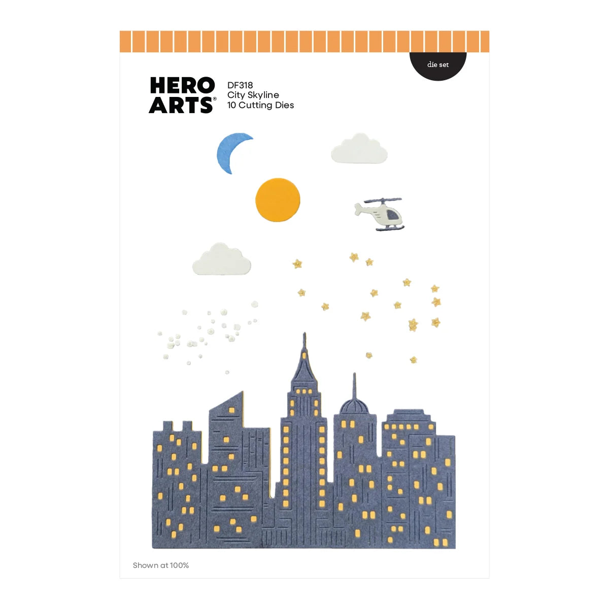 Hero Arts DF318 City Skylines 10 Cutting Dies set packaging, featuring a city skyline with blue-gray buildings, yellow windows, a yellow sun, a blue moon, white clouds, stars, and a helicopter on a white background.