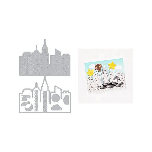 A metal die-cut featuring a New York City skyline design, shown alongside a sample stamped card with colorful flowers and stars on a white background.