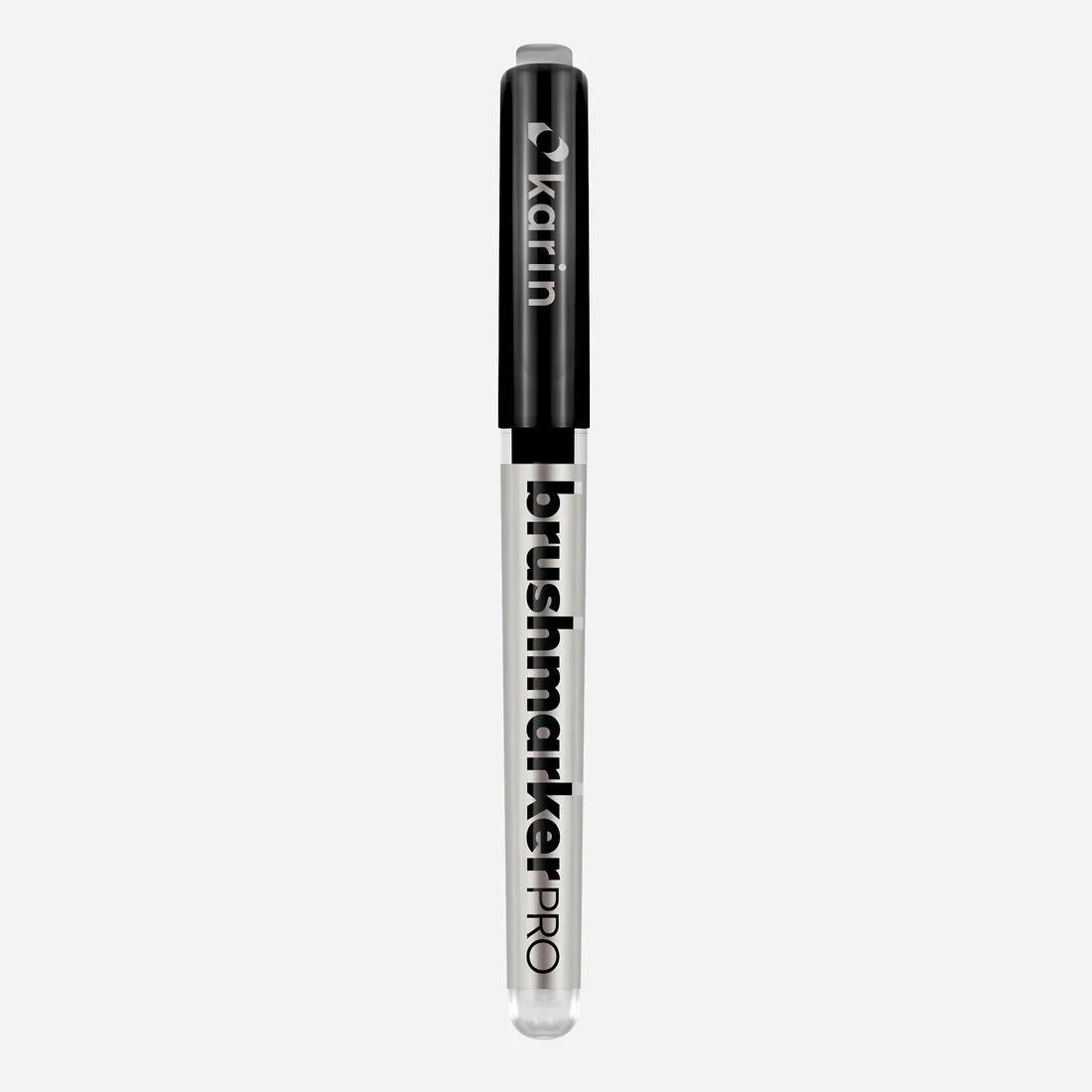 Black Karin Brushmarker Pro watercolor pen with cap on light grey background