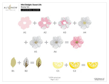 Layering guide for a floral stamp set by Altenew with pink, white, and yellow flowers.