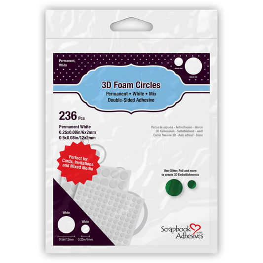A package of Scrapbook Adhesives 3D Foam Circles, featuring 236 pieces in permanent white. The retail packaging is white with a dark purple header and a light blue banner, showing the product pieces and a small green sample of the adhesive foam.