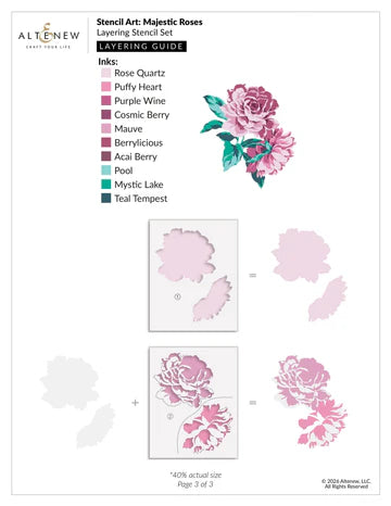 Altenew Stencil Art Majestic Roses Layering Stencil Set with color swatches and ink options on a white background.