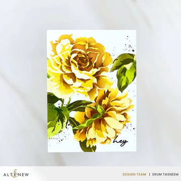 Floral card with yellow flowers and green leaves on a white background