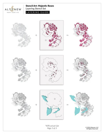 Altenew Stencil Art Majestic Roses Layering Stencil Set with layering guide on a white background
