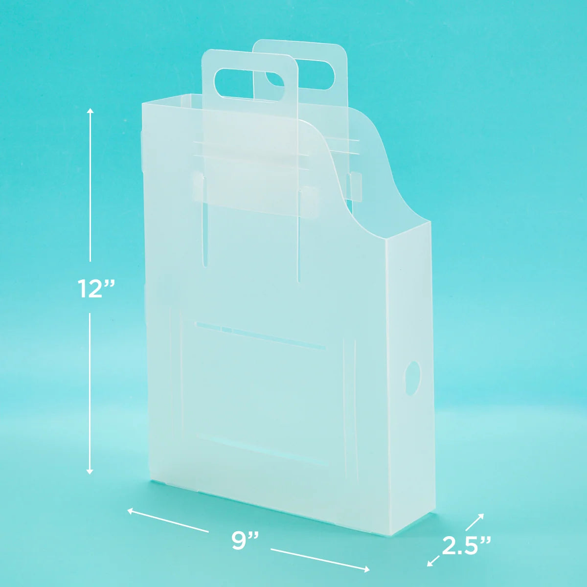A translucent white plastic organizer file holder with two handles, shown with white dimension lines and text indicating measurements of 12 inches tall, 9 inches wide, and 2.5 inches deep, on a solid light blue background.