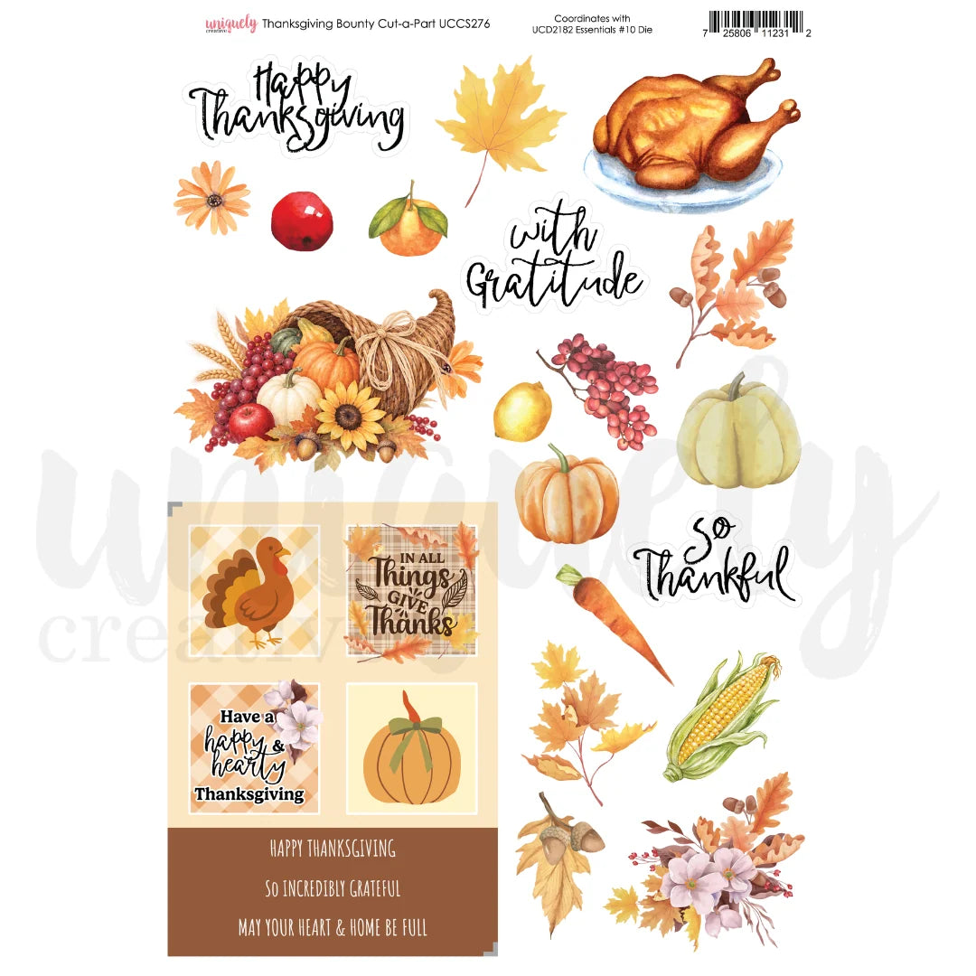 A sheet of Thanksgiving-themed cut-and-paste graphics and stickers on a white background, including a roasted turkey, corn, pumpkins, fall leaves, berries, sunflowers, a cornucopia, and phrases such as 'Happy Thanksgiving,' 'with gratitude,' and 'So thankful.'.